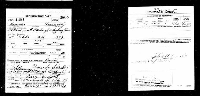 1918 Approx Kasimier Masewicz WWI Draft Registration